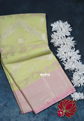 Pastel Lime Green - Durga - Banarasi Muslin Silk  Thread Weaving Body with Silver Zari Border - Perfect for Pooja Wear | Diwali Function
