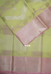 Pastel Lime Green - Durga - Banarasi Muslin Silk  Thread Weaving Body with Silver Zari Border - Perfect for Pooja Wear | Diwali Function