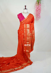 Sunset Orange - Durga - Banarasi Premium Viscose Silk with Peacock Border and Buttas - Best for Wedding Functions