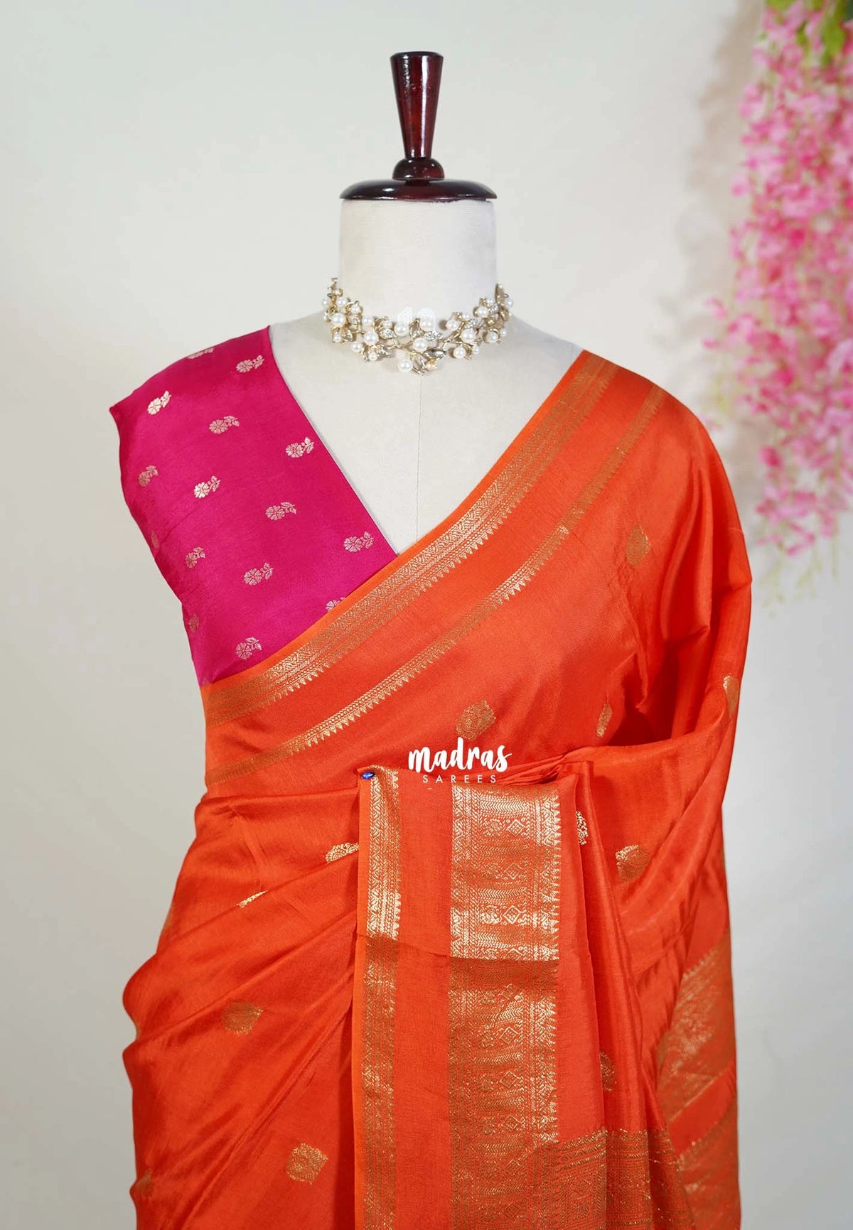 Sunset Orange - Durga - Banarasi Premium Viscose Silk with Peacock Border and Buttas - Best for Wedding Functions