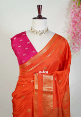 Sunset Orange - Durga - Banarasi Premium Viscose Silk with Peacock Border and Buttas - Best for Wedding Functions