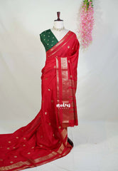 Tomato Red - Durga - Banarasi Premium Viscose Silk with Peacock Border and Buttas - Best for Wedding Functions