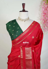 Tomato Red - Durga - Banarasi Premium Viscose Silk with Peacock Border and Buttas - Best for Wedding Functions