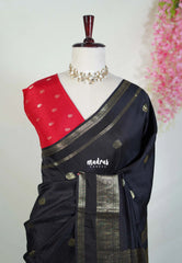 Jet Black - Durga - Banarasi Premium Viscose Silk with Peacock Border and Buttas - Best for Wedding Functions
