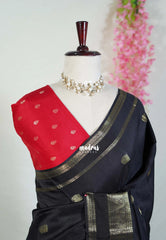 Jet Black - Durga - Banarasi Premium Viscose Silk with Peacock Border and Buttas - Best for Wedding Functions