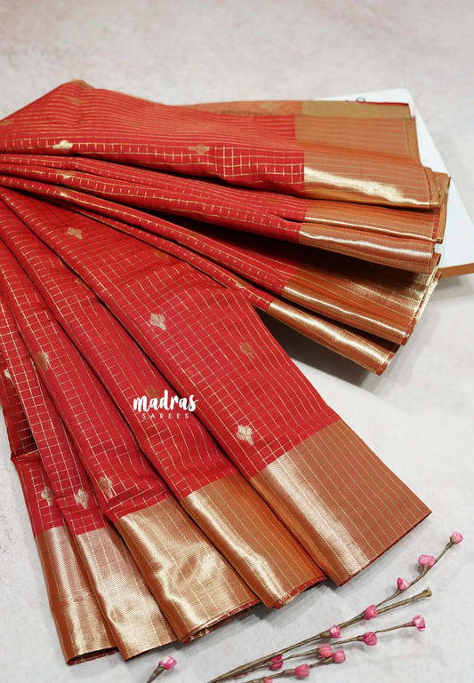 Classic Red - Durga - Traditional Banarasi kattam crushed semi soft silk saree