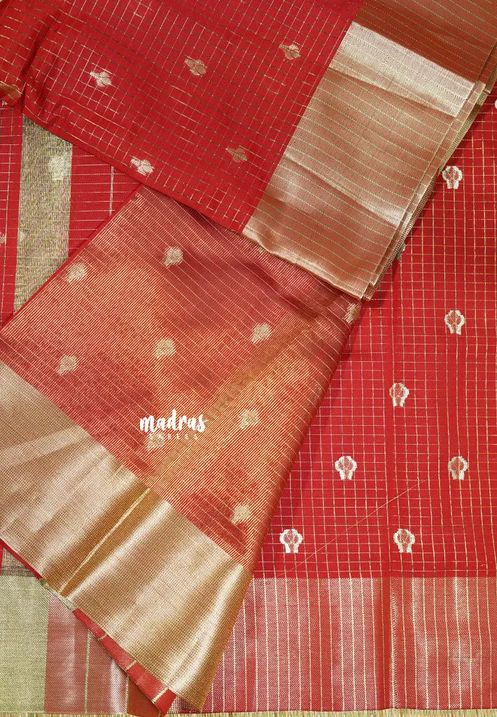 Classic Red - Durga - Traditional Banarasi kattam crushed semi soft silk saree