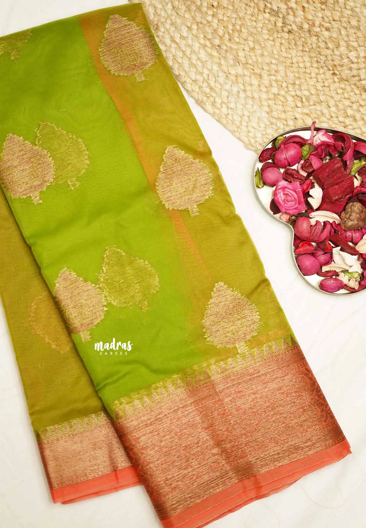 Durga - Traditional Banarasi rich weaving saree - Fresh green with orange