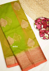 Durga - Traditional Banarasi rich weaving saree - Fresh green with orange