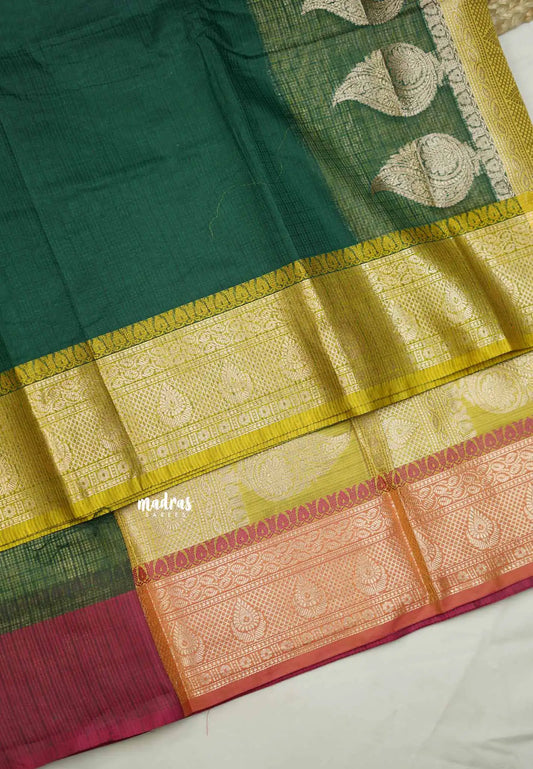 Durga - Traditional Banarasi rich weaving saree supernet material - Bottle green with Ganga Jamuna border