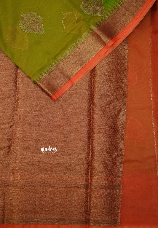 Durga - Traditional Banarasi rich weaving saree - Fresh green with orange