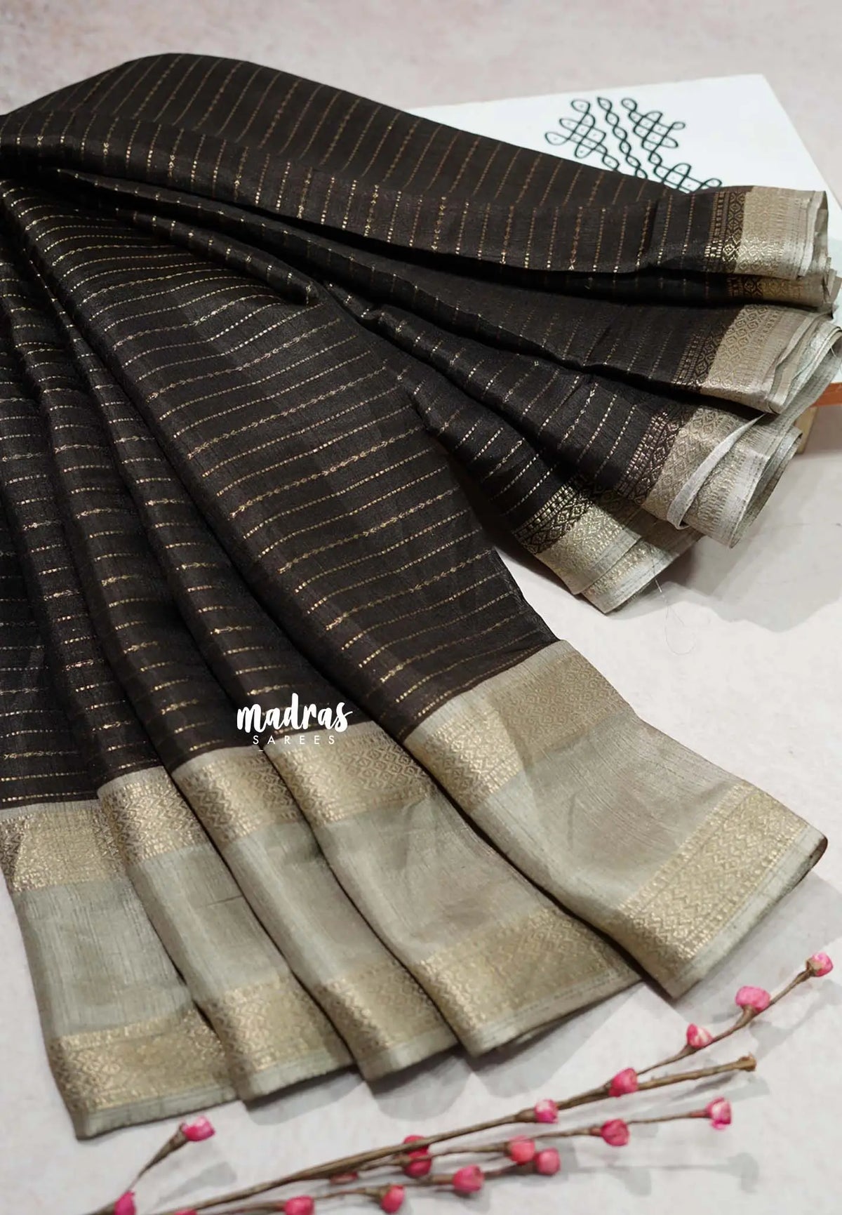 Dark Chocolate Brown - Durga- Banarasi soft katan silk zari lines weaving with rettapet border