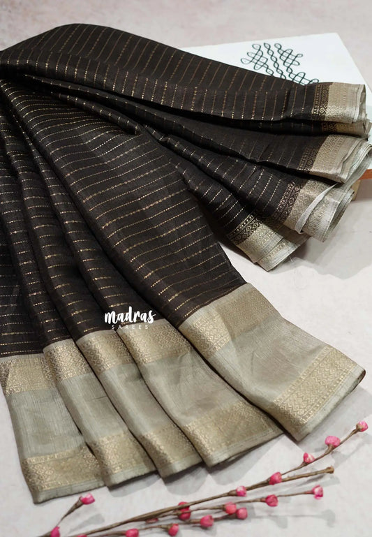Dark Chocolate Brown - Durga- Banarasi soft katan silk zari lines weaving with rettapet border