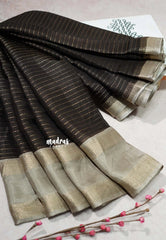 Dark Chocolate Brown - Durga- Banarasi soft katan silk zari lines weaving with rettapet border