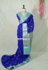 MS Amma Blue - Durga - Banarasi Soft Katan Silk with Zari Weaving Border and Floral Buttas - Perfect for Wedding Functions