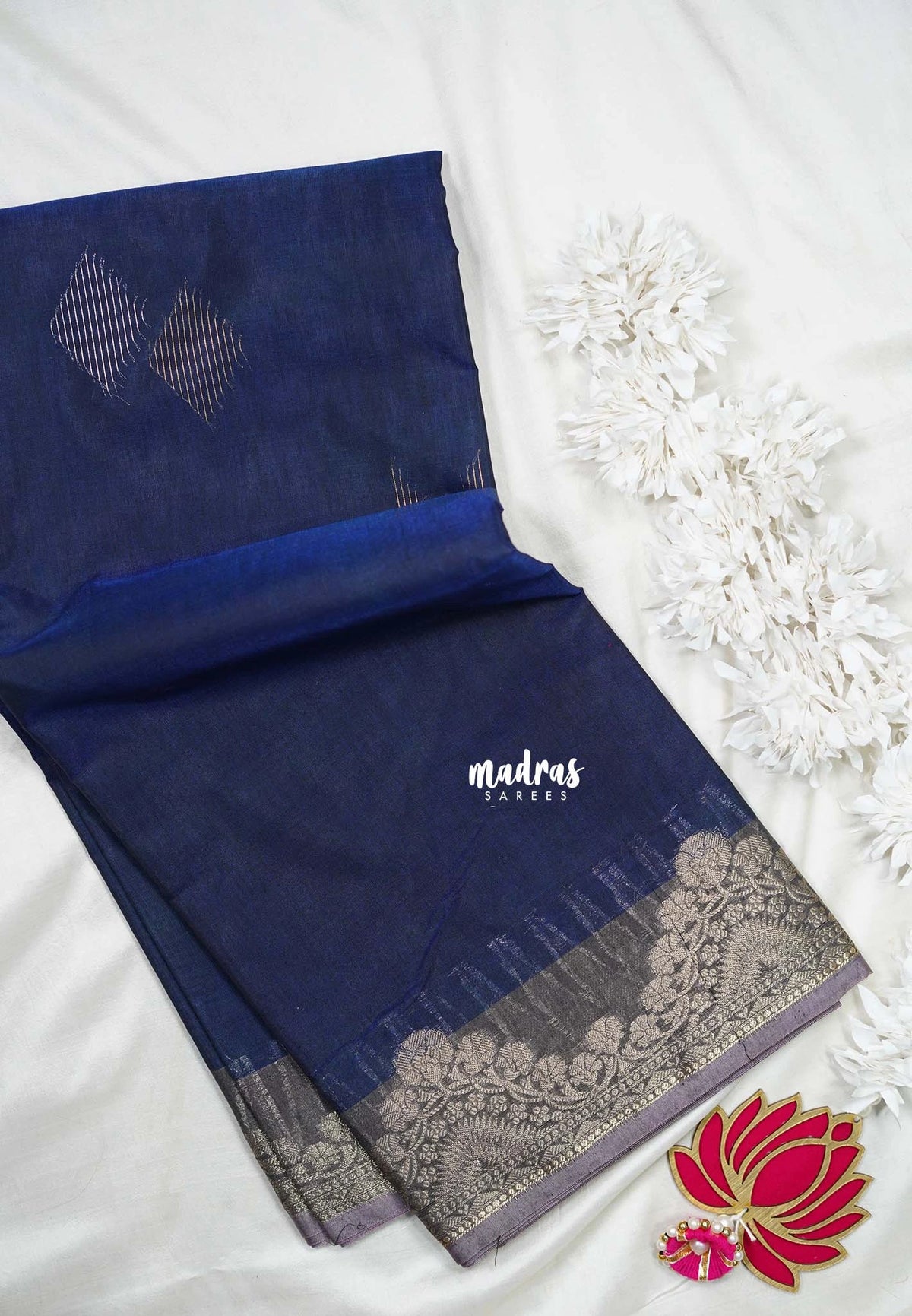 Navy Blue with Flower - Durga - Banarasi Silk Cotton Saree with Zari Weaving with Flower Border - Best for Temple Visit
