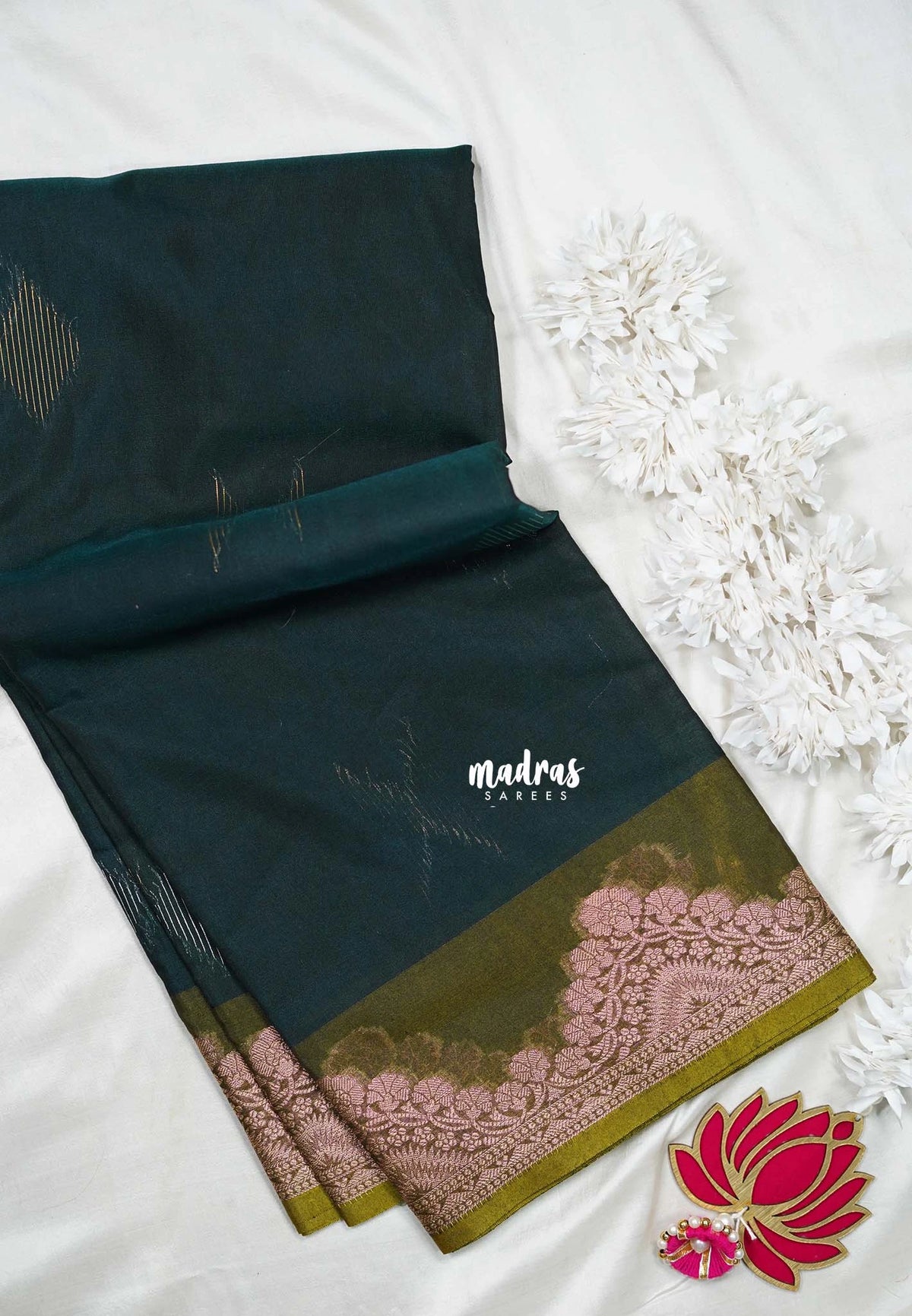 Deep Teal with Flower - Durga - Banarasi Silk Cotton Saree with Zari Weaving with Flower Border - Best for Temple Visit