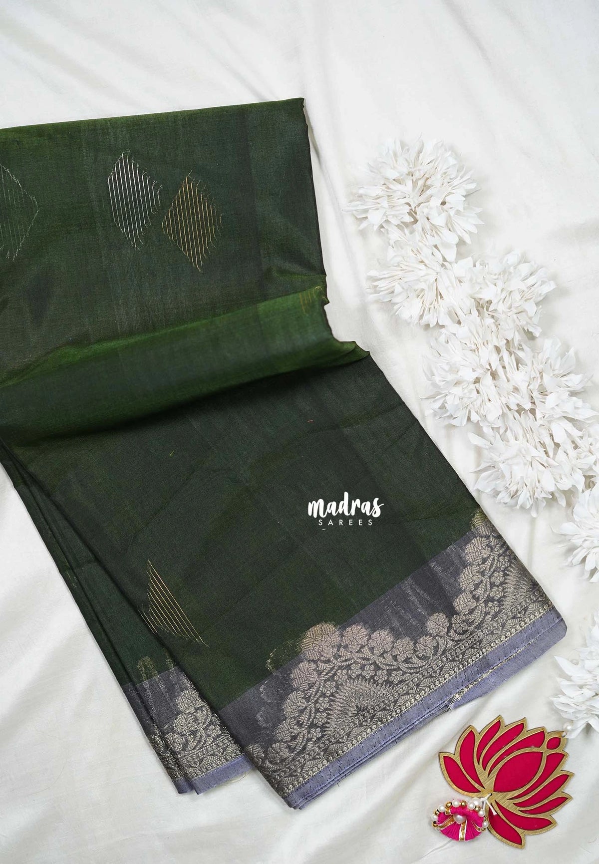Forest Green with Flower - Durga - Banarasi Silk Cotton Saree with Zari Weaving with Flower Border - Best for Temple Visit (Copy)