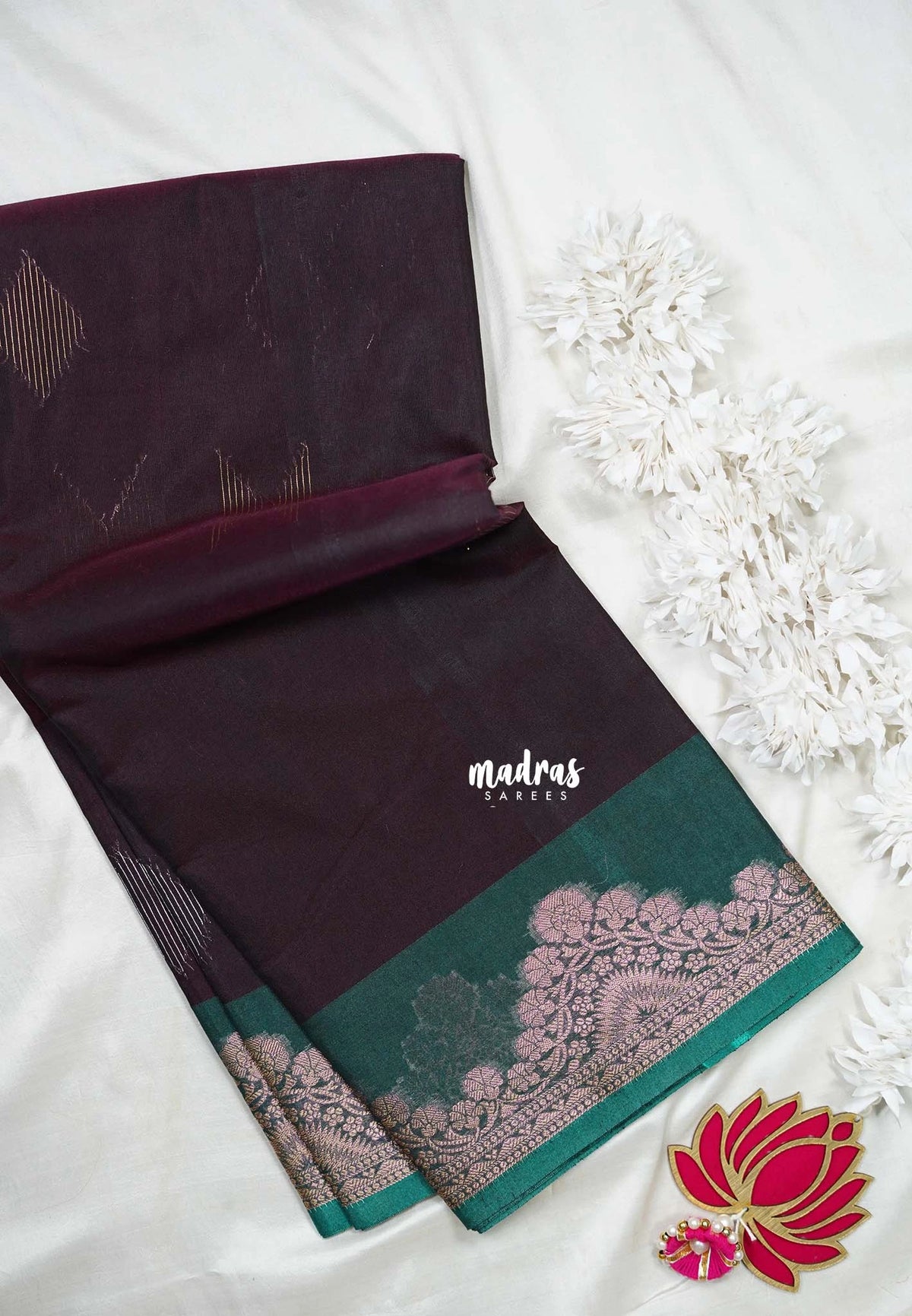 Wine Brown with Flower - Durga - Banarasi Silk Cotton Saree with Zari Weaving with Flower Border - Best for Temple Visit