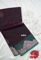 Wine Brown with Flower - Durga - Banarasi Silk Cotton Saree with Zari Weaving with Flower Border - Best for Temple Visit