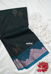 Midnight Green with Flower - Durga - Banarasi Silk Cotton Saree with Zari Weaving with Flower Border - Best for Temple Visit