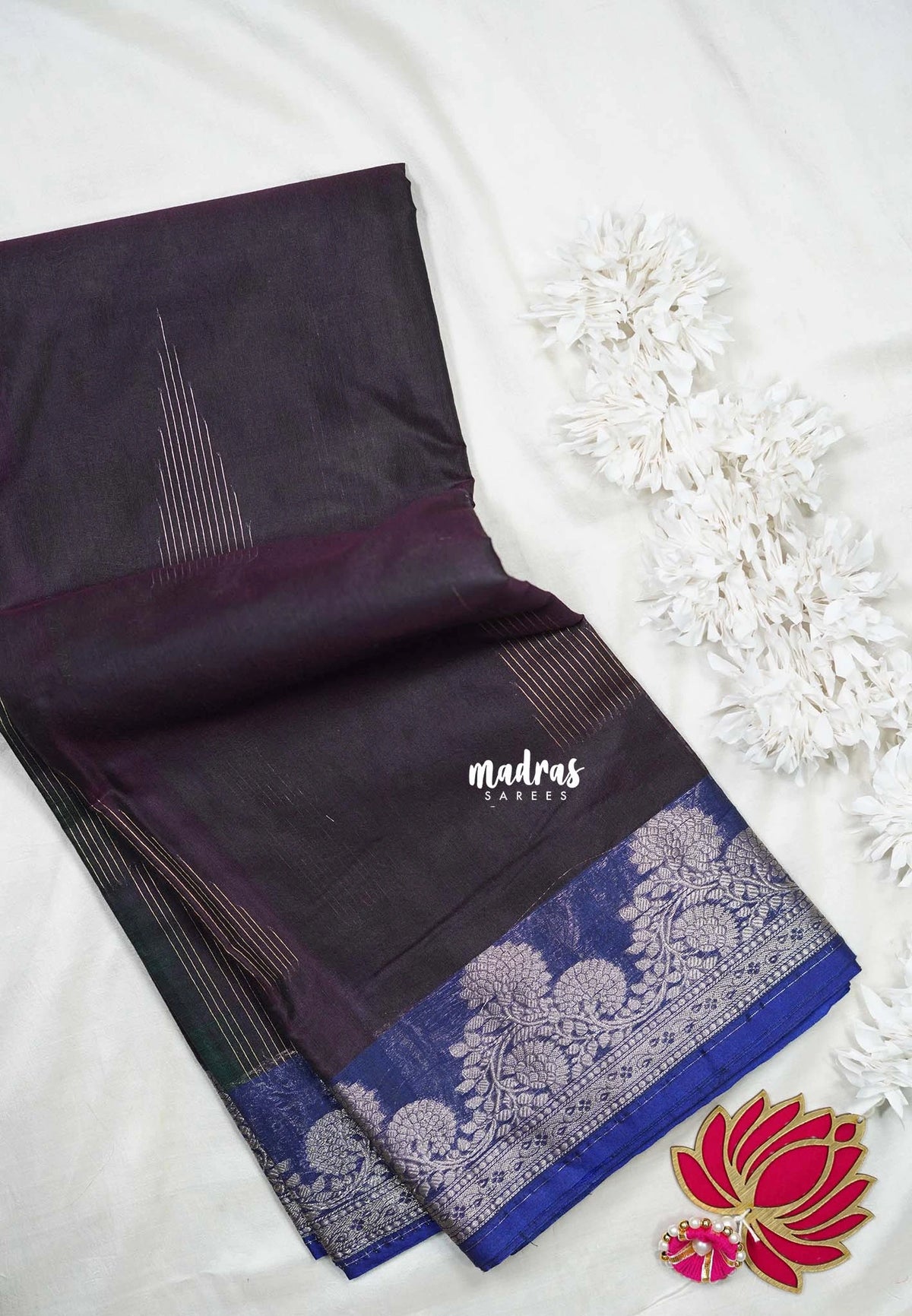 Midnight Purple with Leaf - Durga - Banarasi Silk Cotton Saree with Zari Weaving with Leaf and Floral Border - Best for Temple Visit