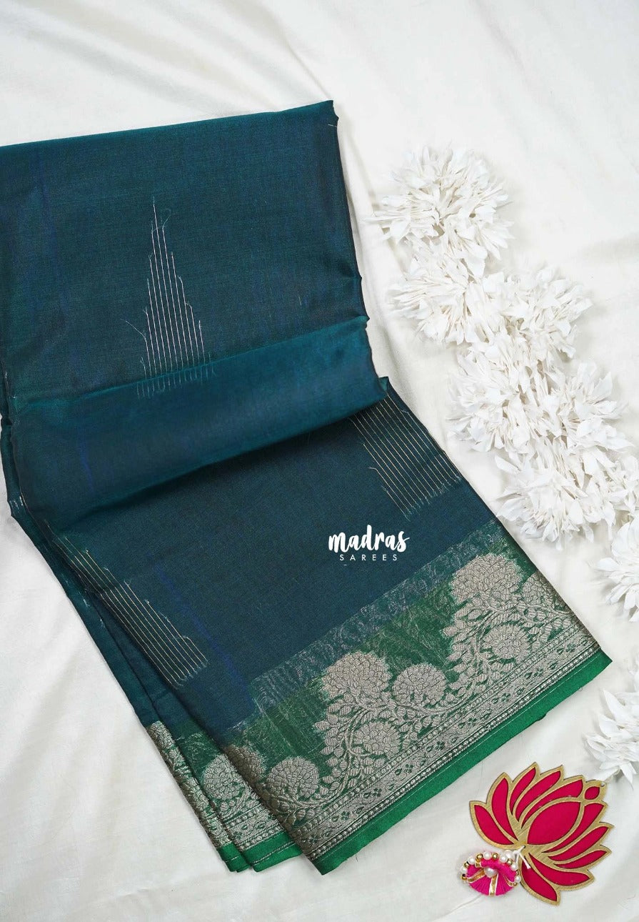 Deep Teal with Leaf - Durga - Banarasi Silk Cotton Saree with Zari Weaving with Leaf and Floral Border - Best for Temple Visit