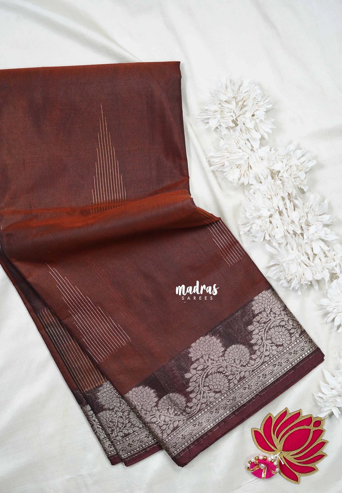 Chocolate Brown with Leaf - Durga - Banarasi Silk Cotton Saree with Zari Weaving with Leaf and Floral Border - Best for Temple Visit