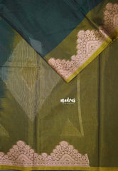 Deep Teal with Flower - Durga - Banarasi Silk Cotton Saree with Zari Weaving with Flower Border - Best for Temple Visit
