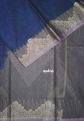 Navy Blue with Flower - Durga - Banarasi Silk Cotton Saree with Zari Weaving with Flower Border - Best for Temple Visit