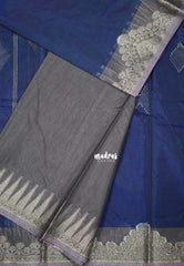 Navy Blue with Flower - Durga - Banarasi Silk Cotton Saree with Zari Weaving with Flower Border - Best for Temple Visit