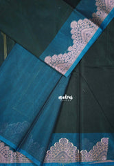 Midnight Green with Flower - Durga - Banarasi Silk Cotton Saree with Zari Weaving with Flower Border - Best for Temple Visit