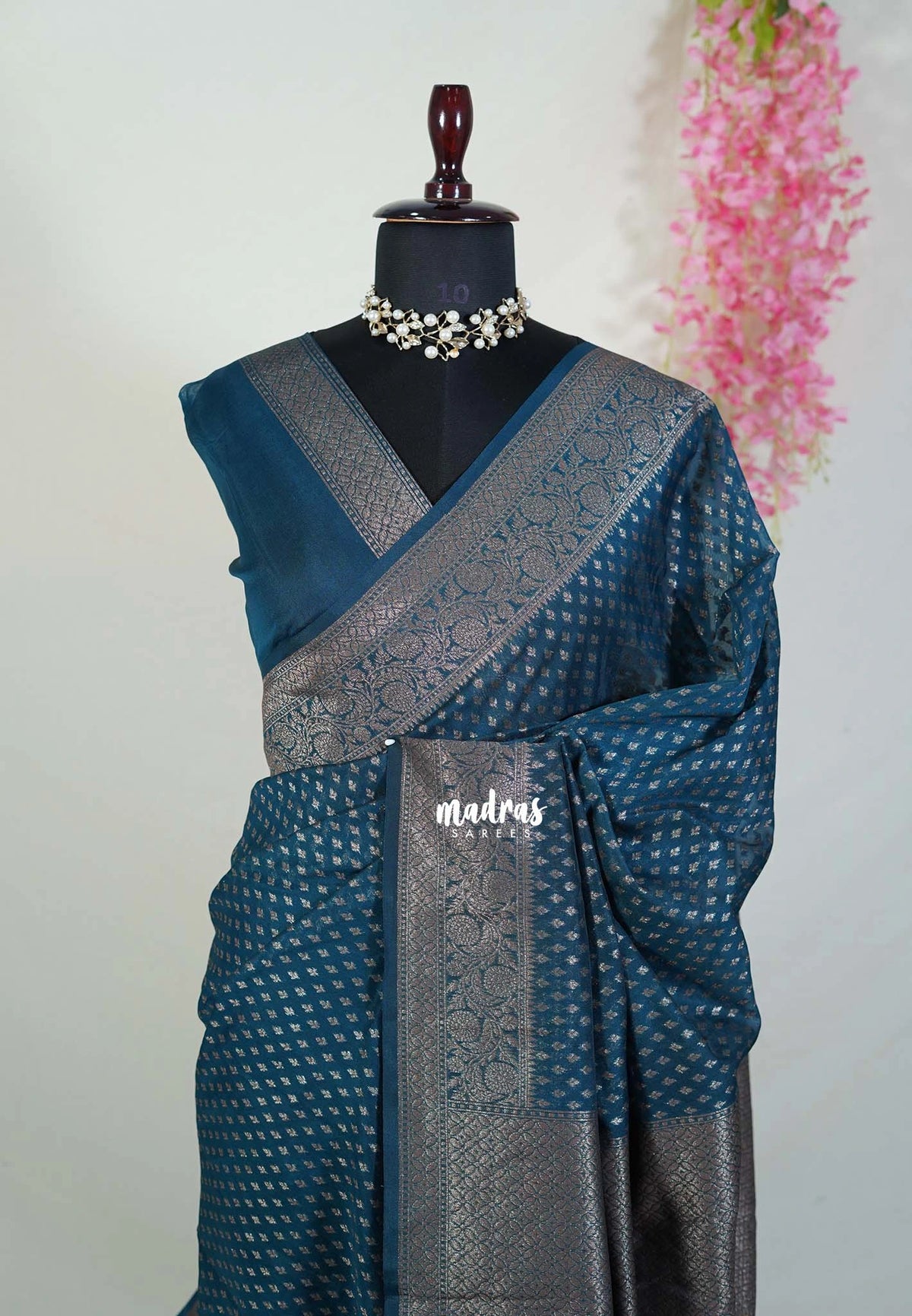 Dark Peacock Blue - Durga - Traditional Banarasi Khadi Georgette Silk Saree with Rich Pallu and Buttas - Perfect for Wedding Functions