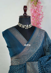 Dark Peacock Blue - Durga - Traditional Banarasi Khadi Georgette Silk Saree with Rich Pallu and Buttas - Perfect for Wedding Functions
