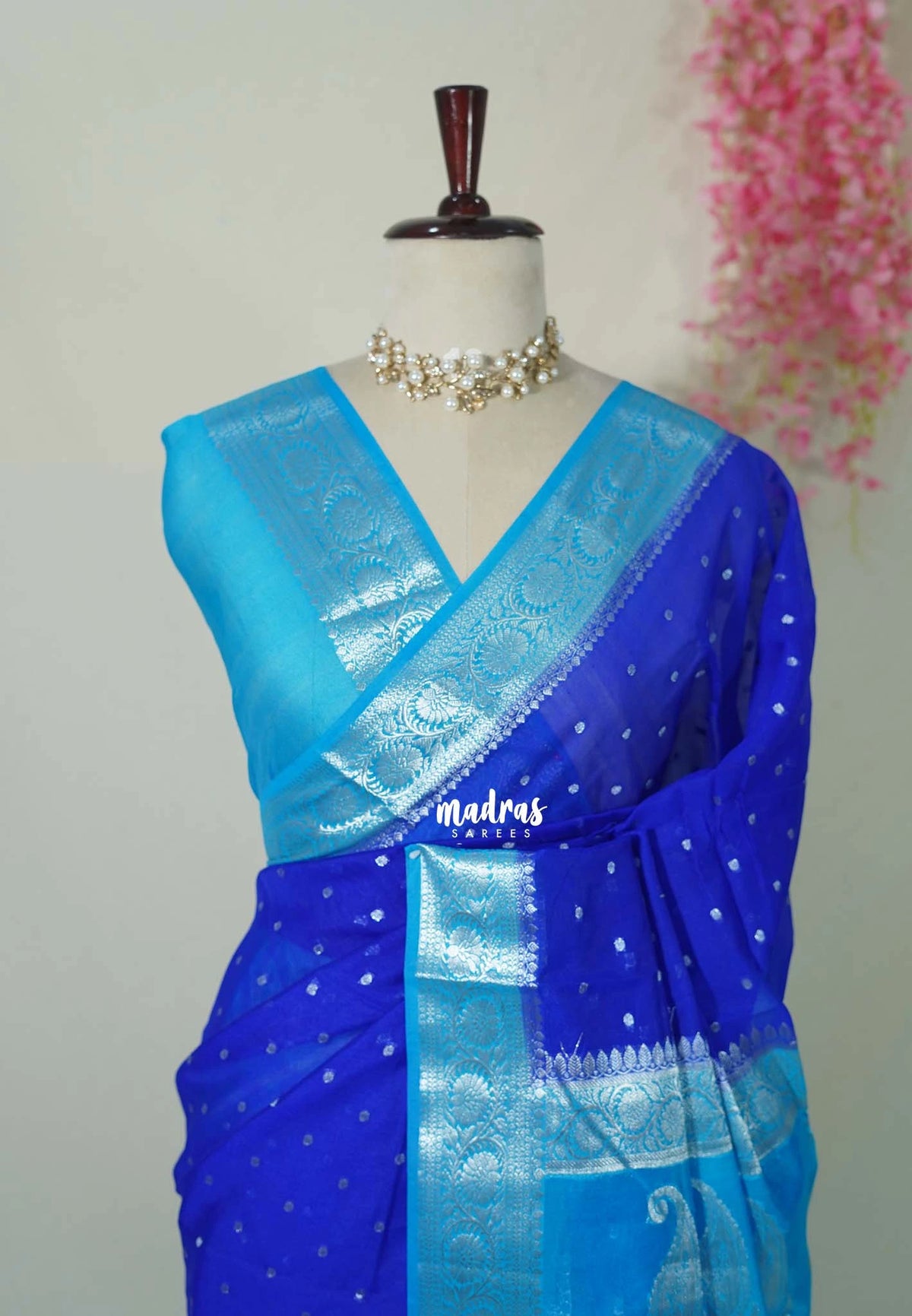 MS Amma Blue - Durga - Banarasi Crepe Georgette Silk with Floral Border and Buttas - Perfect for Wedding Functions