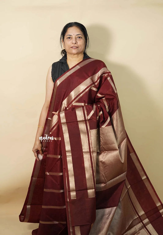 Deep Brown - Durga - Banarasi soft katan silk zari weaving with Rettapetta Border