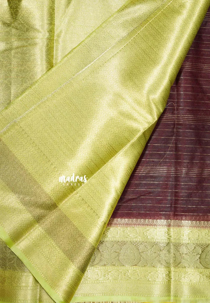 Coffee Brown Glow with Green - Durga - Banarasi soft katan silk