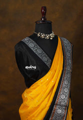 Mango Yellow with black - Durga - Banarasi Soft Katan Silk with vintage Border - Best for Festive Wear