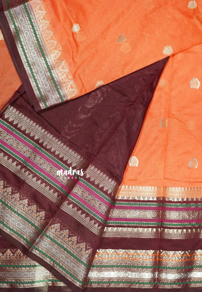 Sunset Orange - Durga - Banarasi soft katan silk with big border