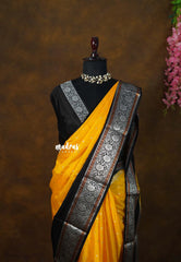 Mango Yellow with black - Durga - Banarasi Soft Katan Silk with vintage Border - Best for Festive Wear