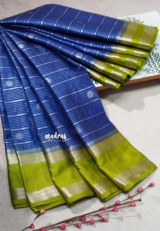 Royal Blue - Durga- Banarasi soft katan silk zari lines weaving with rettapet border