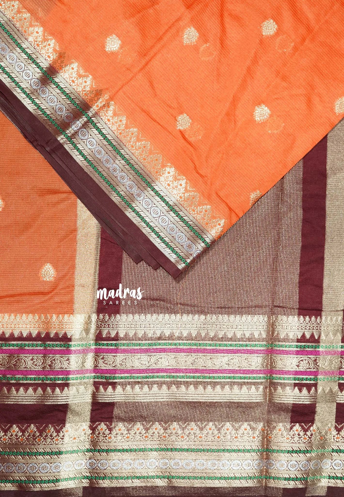 Sunset Orange - Durga - Banarasi soft katan silk with big border