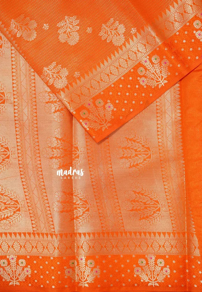 Pulpy orange - Durga - Banarasi katan silk wtih full stripes weaving