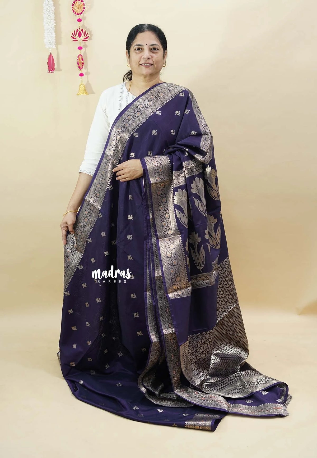 Midnight Purple - Durga banarasi mashru silk with antique zari border and buttas