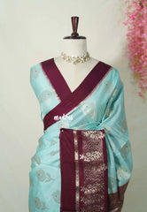 Muted Aqua Blue - Durga - Banarasi soft katan silk