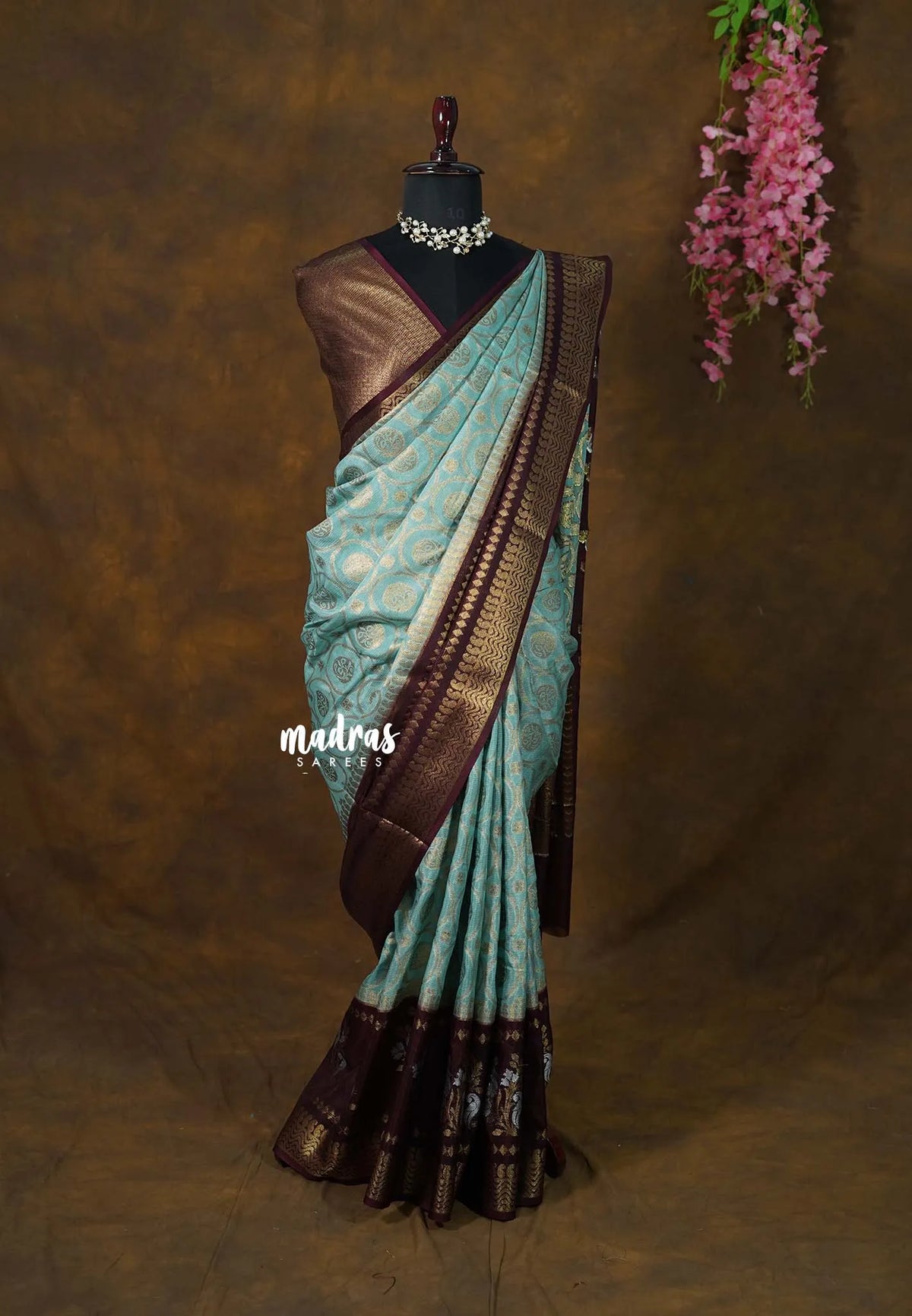 Muted Aqua Blue with Brown - Durga - Banarasi soft katan silk - Best for Temple Visit