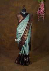 Muted Aqua Blue with Brown - Durga - Banarasi soft katan silk - Best for Temple Visit