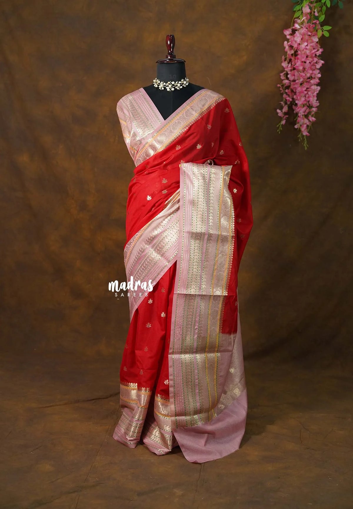 Classic Rich Red with peach - Durga - Banarasi Soft Katan Silk with Big multi mango Border - Best for Festive Wear