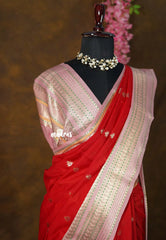 Classic Rich Red with peach - Durga - Banarasi Soft Katan Silk with Big multi mango Border - Best for Festive Wear