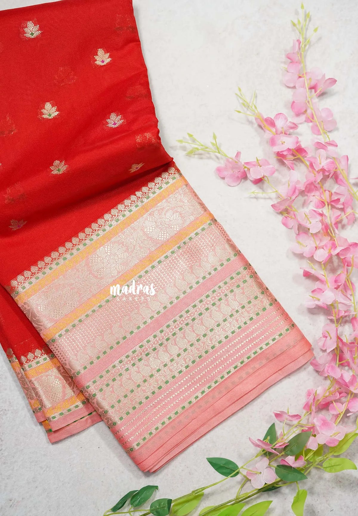 Classic Rich Red with Melon Peach - Durga - Banarasi Soft Katan Silk with Big multi mango Border - Best for Festive Wear | Temple visit |